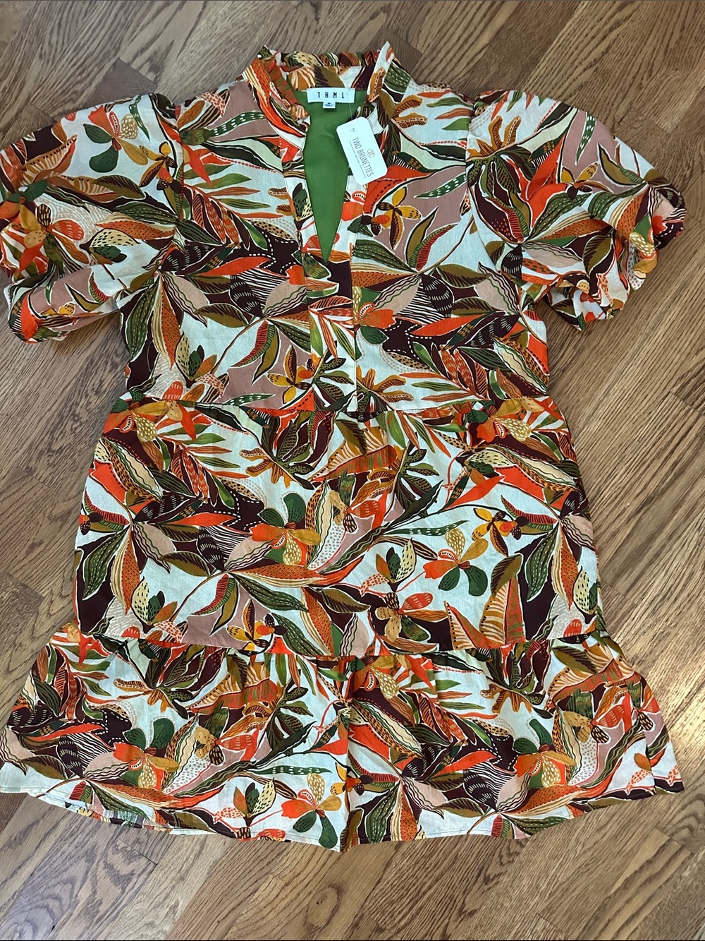THML Multicolor Tropical Print Mini Dress - Orange, Green, Brown